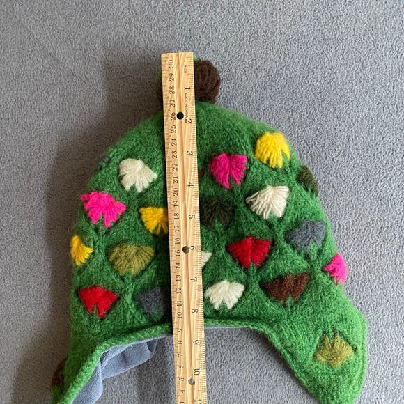Rising International Boho Lined Knit Pom Beanie Green Multicolor One Size